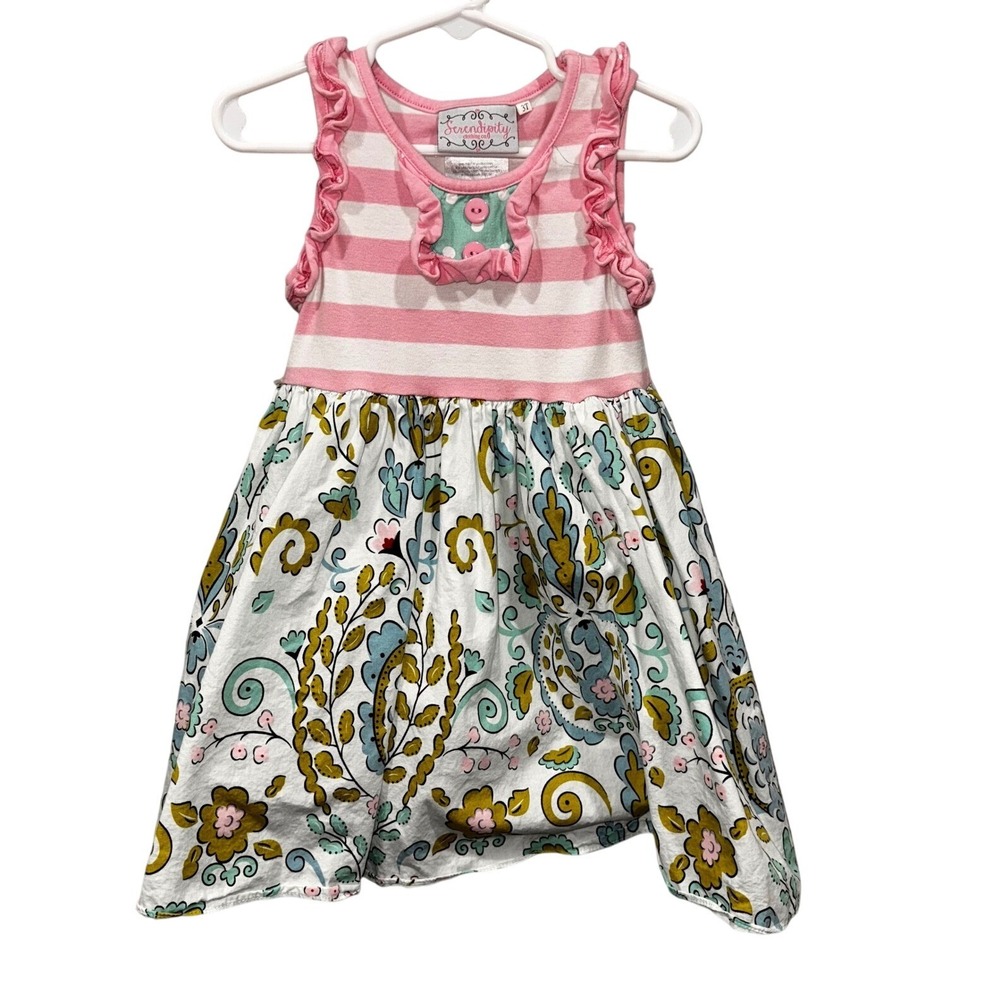 Serendipity 3T Girls Pink Striped Ruffle Dress Floral Paisley Spring Outfit